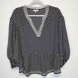Max Studio Polka Dot Eyelet Neck Blouse Size M Black White Peplum V-neck Career